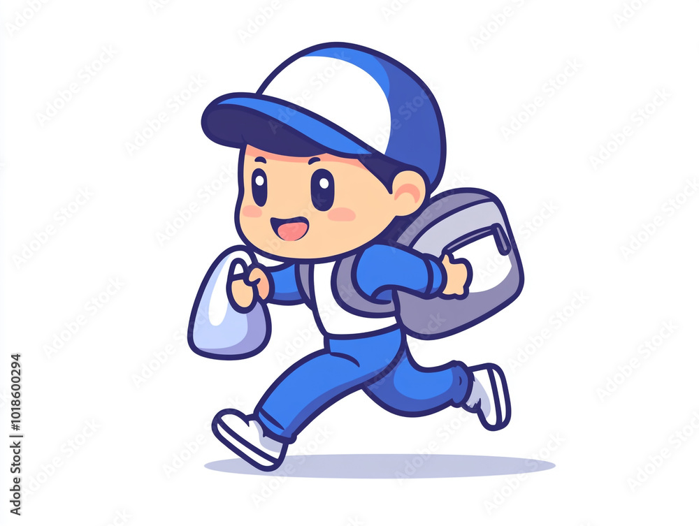 A cute cartoon delivery person running. Simple lines and isolated on a white background. A cute cartoon delivery person running. Simple lines and isolated on a white background.