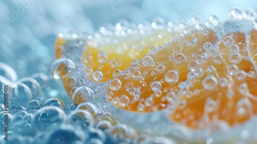 Minimalist view of a translucent beni madole fruit slice, soft sky blue background, beads of moisture, frosted glass effect, vibrant and intricate composition. photo