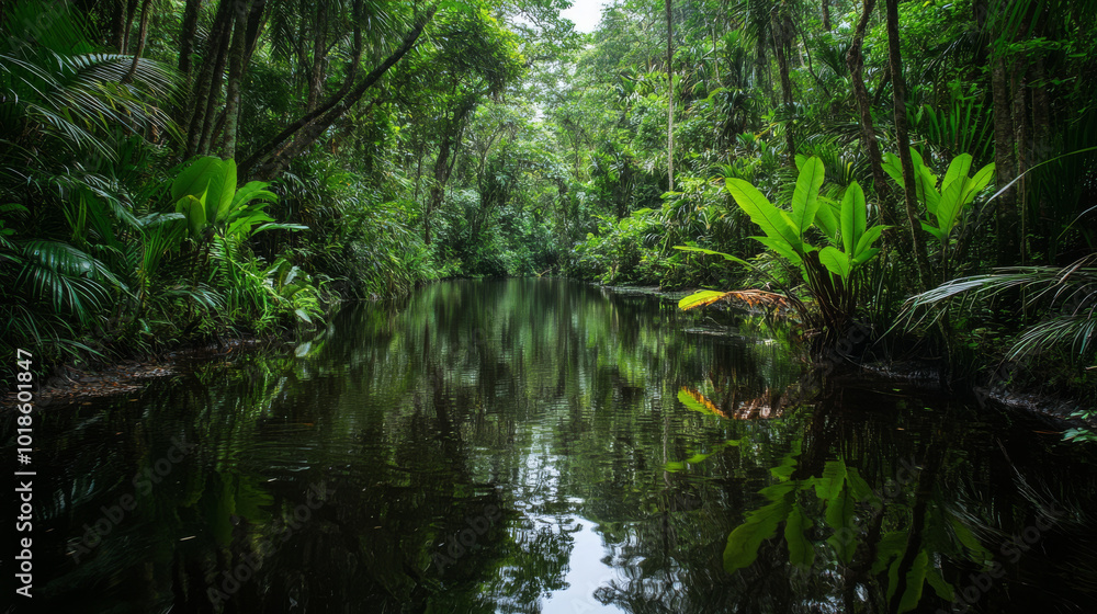 A long, narrow pond sits in the heart of a thick, untouched jungle. A long, narrow pond sits in the heart of a thick, untouched jungle.