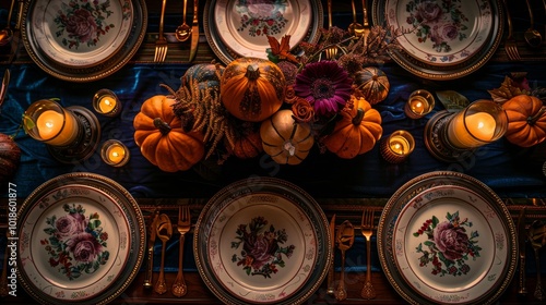 Elegant Thanksgiving feast arrangement with pumpkins, copper utensils, detailed linen napkins, and soft candlelight in a high-end dining setting