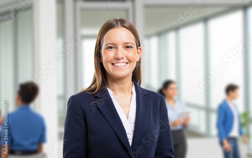 Young businesswoman smiling with coworkers in background