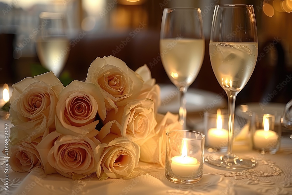 Champagne, Roses, and Candles on a Table Champagne, Roses, and Candles on a Table