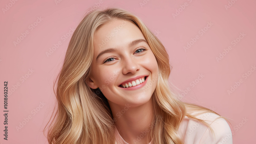 Smiling young blonde woman with natural makeup, looking at the camera against a pink background. Radiant and cheerful expression Smiling young blonde woman with natural makeup, looking at the camera against a pink background. Radiant and cheerful expression