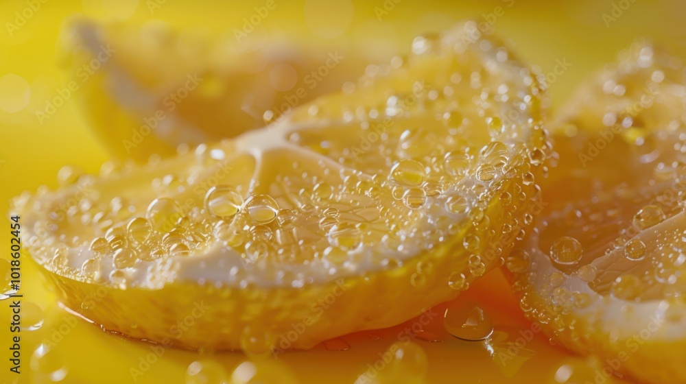 Minimalist view of a translucent hyuganatsu fruit slice, soft butter yellow background, beads of moisture, frosted glass effect, vibrant and detailed composition. Minimalist view of a translucent hyuganatsu fruit slice, soft butter yellow background, beads of moisture, frosted glass effect, vibrant and detailed composition.