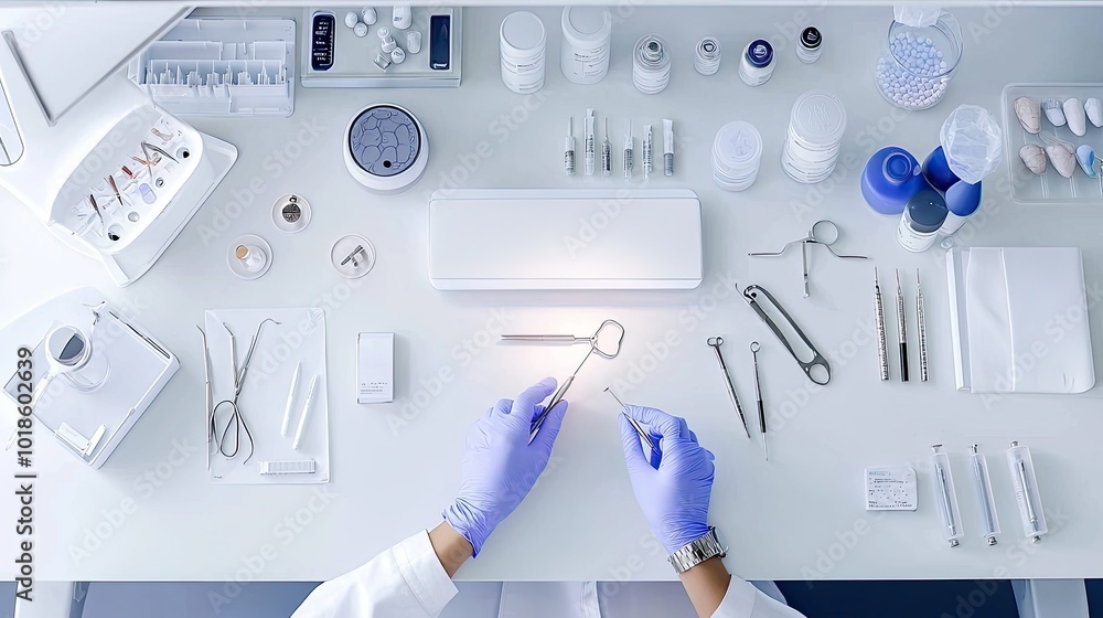 A patient waiting in a dermatologists office, the dermatologist preparing tools for a skin examination. A patient waiting in a dermatologists office, the dermatologist preparing tools for a skin examination.