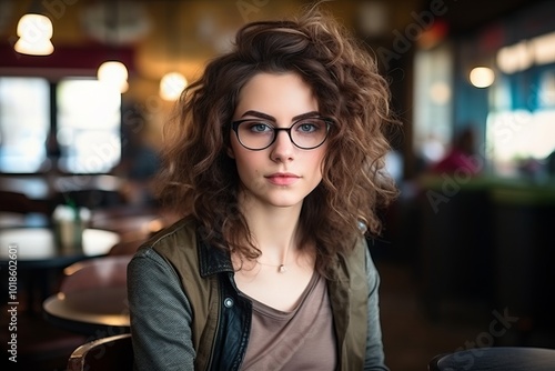 Portrait of a beautiful young woman with curly hair in a cafe