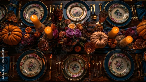 Sophisticated Thanksgiving tablescape with pumpkins, gourds, artisanal plates, copper utensils, and soft candlelight for an upscale restaurant atmosphere