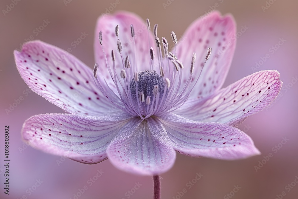Close-up of a Delicate Light Pink Flower with Purple Spots and Fine Filaments Close-up of a Delicate Light Pink Flower with Purple Spots and Fine Filaments