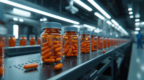 Bottles filled with orange capsules are lined up on conveyor belt in modern pharmaceutical facility, showcasing high tech production environment