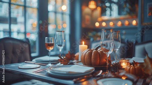 High-end Thanksgiving feast arrangement featuring pumpkins, artisanal plates, copper utensils, and soft candlelight for a refined dining experience