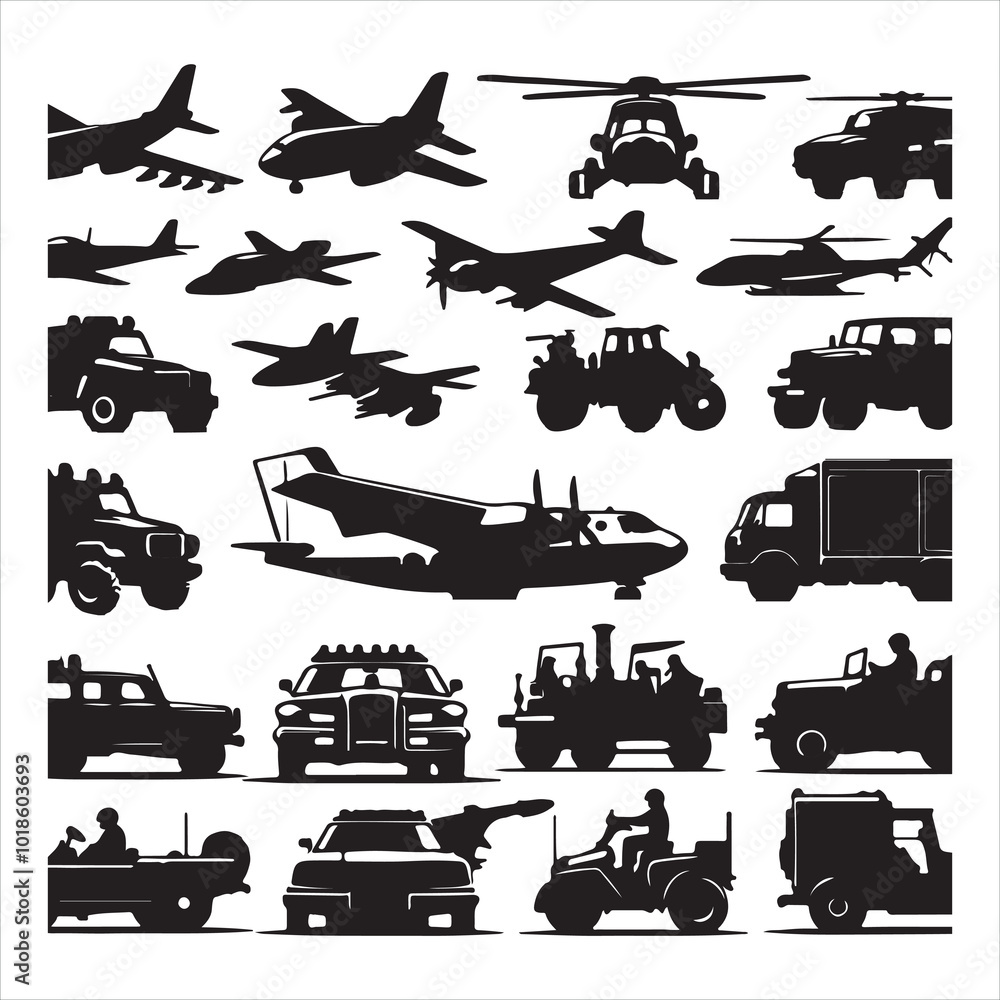 Various vehicle icon sets silhouette on white background
Various vehicle icon sets silhouette on white background
