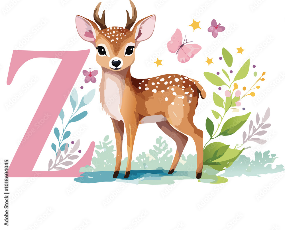 Z alphabet Letter Deer with flowers and butterflies Reindeer Christmas Z alphabet Letter Deer with flowers and butterflies Reindeer Christmas