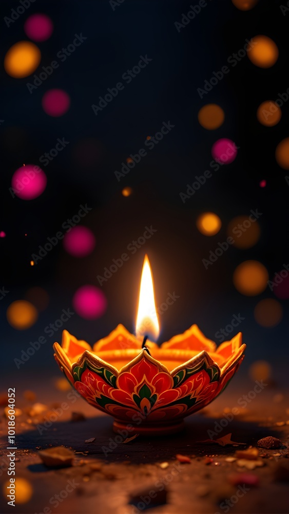 Elegant Diwali Candle with Bokeh Lights Elegant Diwali Candle with Bokeh Lights