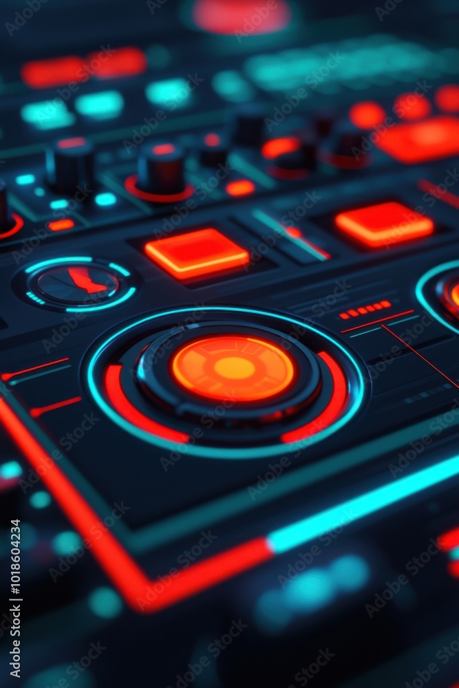 Close-up view of a colorful digital music mixer, futuristic design, glowing buttons. Close-up view of a colorful digital music mixer, futuristic design, glowing buttons.