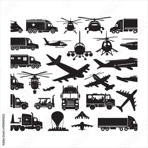 Various vehicle icon sets silhouette on white background
