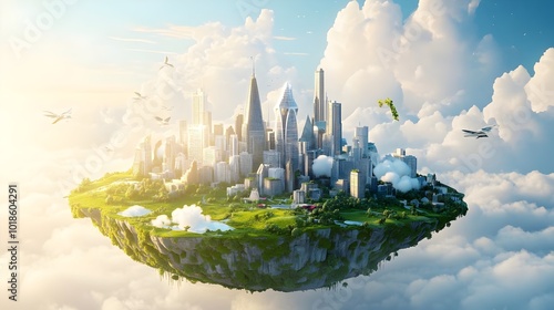 3d illustration of fantasy floating smart city surface with mountains, trees, and animals on green grass isolated with clouds, sunrise. 3d illustration of flying land with beautiful land scape photo