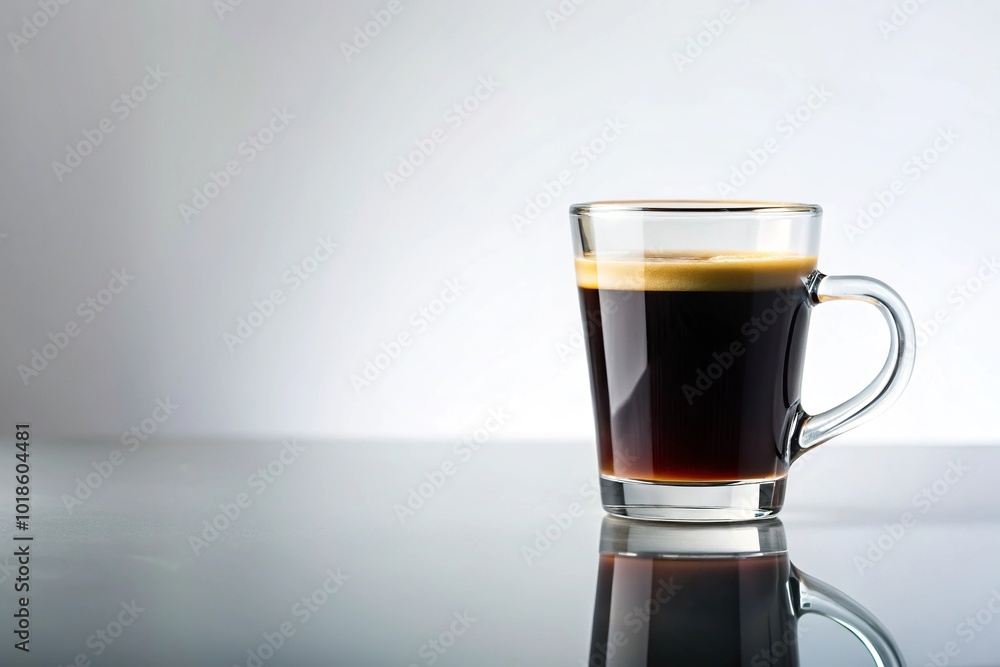 Asymmetrical cold black coffee in glass cup on white background Asymmetrical cold black coffee in glass cup on white background