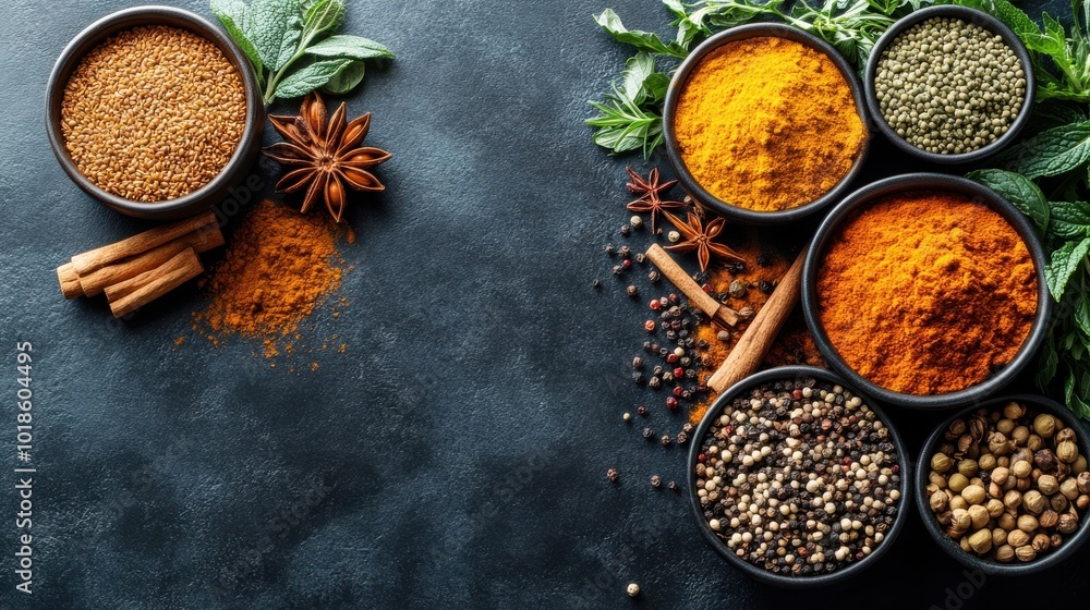 Assortment of Spices and Herbs on Dark Background with Copy Space Assortment of Spices and Herbs on Dark Background with Copy Space