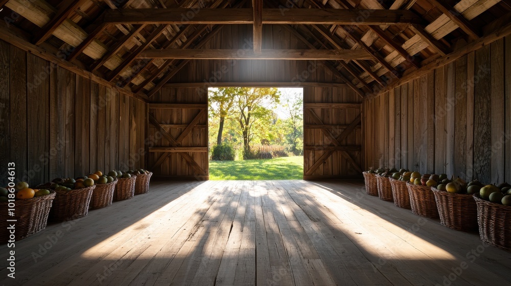 Rustic Barn with Baskets and Sunlight Entrance Rustic Barn with Baskets and Sunlight Entrance
