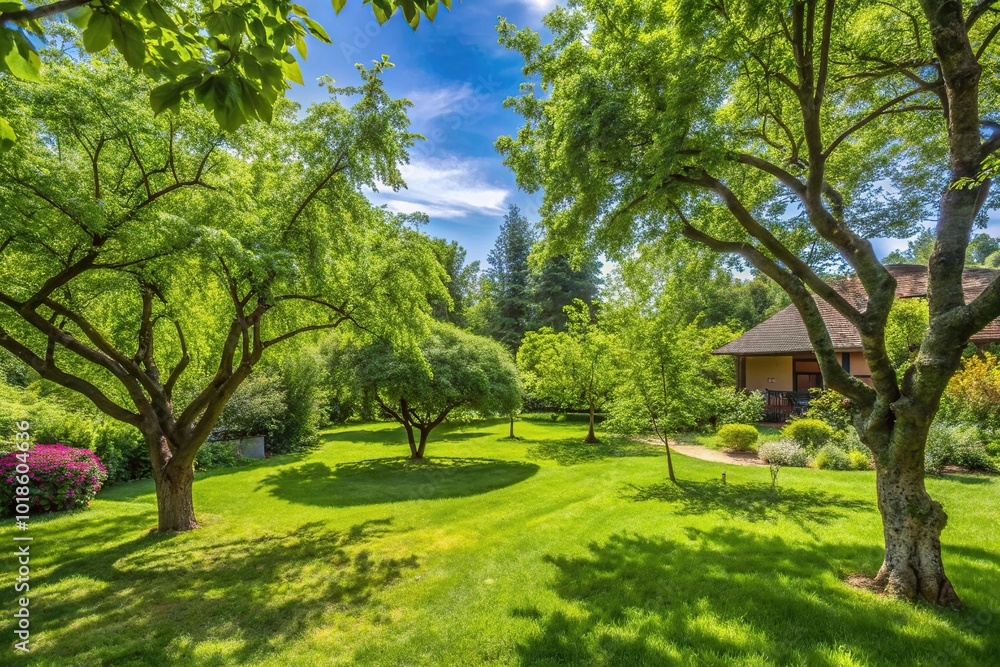 asymmetrical countryside yard with trees and green foliage in summer asymmetrical countryside yard with trees and green foliage in summer