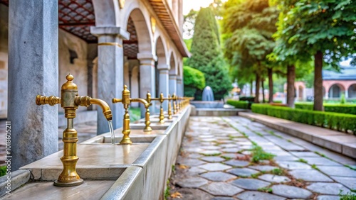 Asymmetrical faucets and stones in a mosque garden for ablutions photo