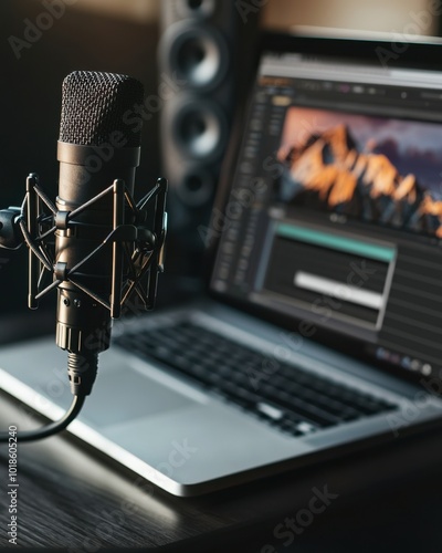 Microphone and laptop for audio recording in a modern studio setup. photo