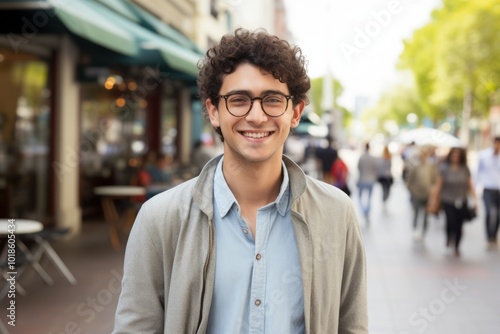 Portrait of a handsome young man with curly hair smiling in the city