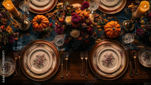 Thanksgiving feast tablescape with artisanal plates, pumpkins, copper utensils, and soft candlelight for a sophisticated restaurant atmosphere
