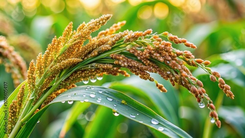 Asymmetrical Fresh Johnson grass Sorghum halepense with raindrops photo