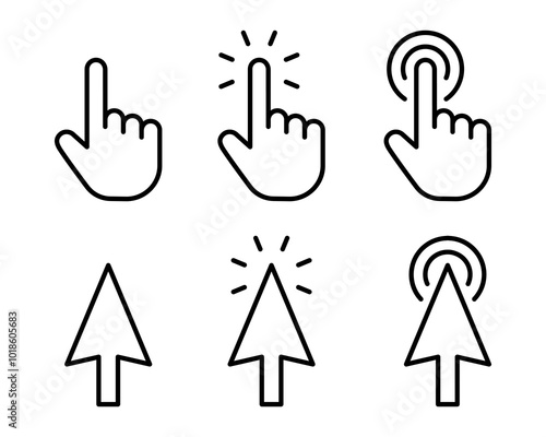 Set of mouse click cursor arrow icon, hand cursor and loading icons. Vector illustration