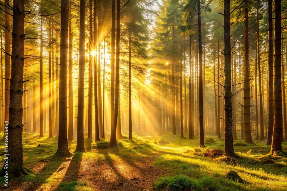 Fototapeta premium asymmetrical golden light filtering through forest trees