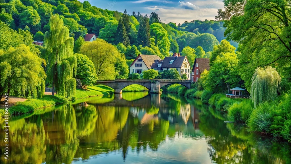 asymmetrical green trees and houses near river with bridge asymmetrical green trees and houses near river with bridge