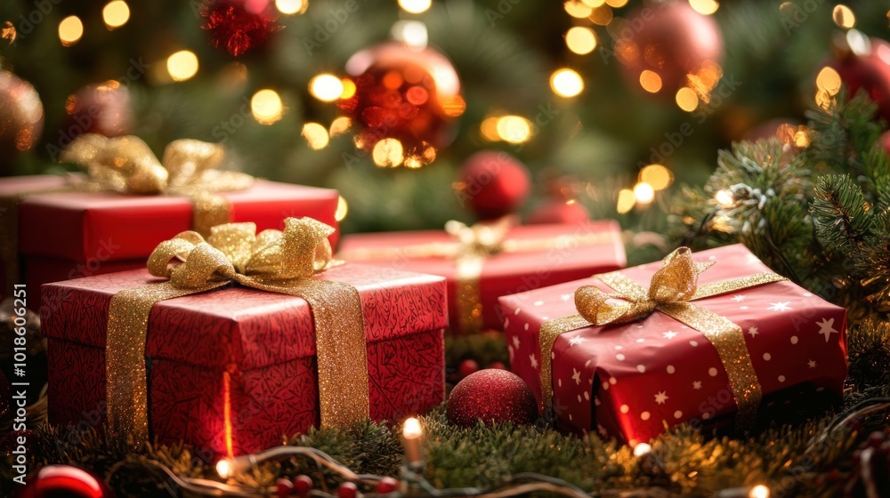 Christmas gift with golden ribbon in front of a decorated tree. AI generated. Christmas gift with golden ribbon in front of a decorated tree. AI generated.