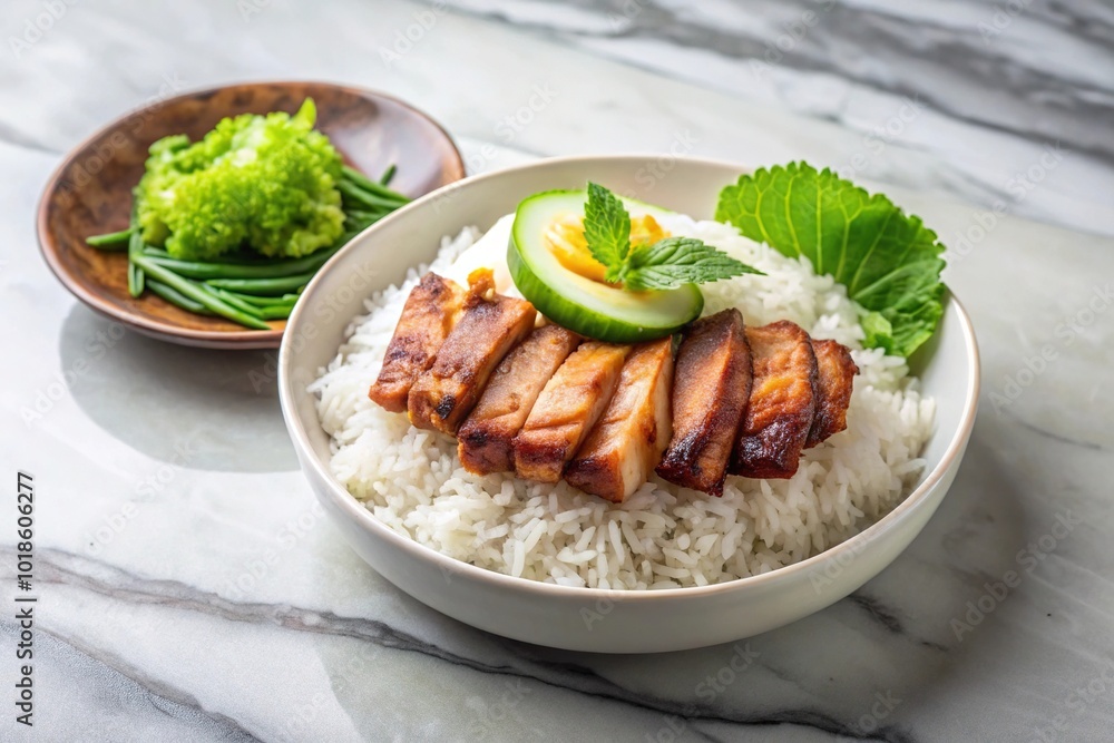asymmetrical grilled pork rice dish on marble counter asymmetrical grilled pork rice dish on marble counter