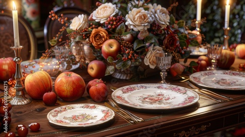 Rustic elegant Thanksgiving tablescape with vintage plates, handmade ceramic bowls, seasonal fruits, flowers, and flickering candles for cozy ambiance