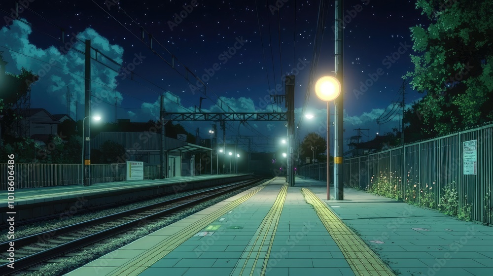 An empty anime-style train station at night, softly illuminated by streetlights, creating a calm, peaceful atmosphere. An empty anime-style train station at night, softly illuminated by streetlights, creating a calm, peaceful atmosphere.