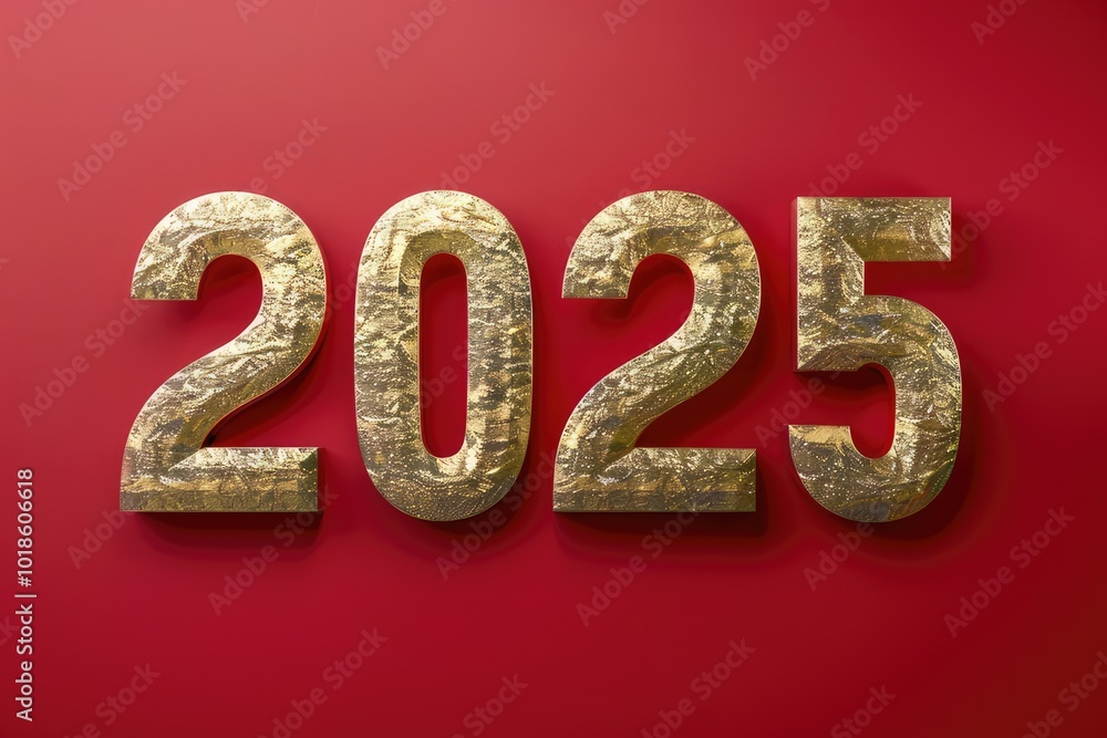 The number 2025 is made of gold numbers on a red background. The number 2025 is made of gold numbers on a red background.