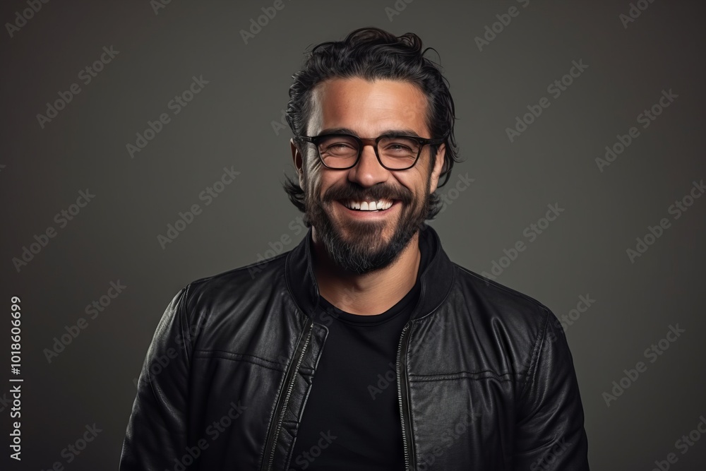 Portrait of a smiling man in leather jacket and eyeglasses. Portrait of a smiling man in leather jacket and eyeglasses.