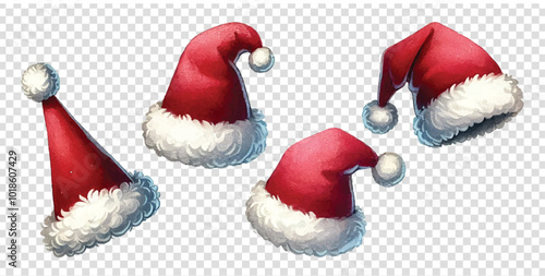 Set Red watercolor santa claus vector hat. Tracking illustration for New Year and Christmas isolated on transparent background.