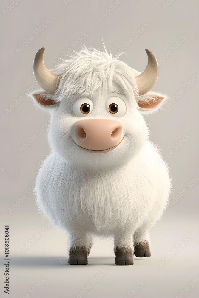 A cute cartoon yak with a fluffy white coat and big brown eyes, looking directly at the camera with a smile. A cute cartoon yak with a fluffy white coat and big brown eyes, looking directly at the camera with a smile.