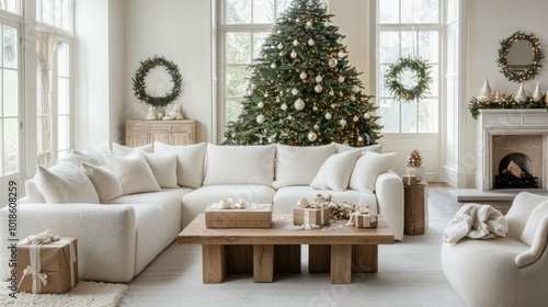 Cozy Christmas living room with a modular sofa, boucle armchair, and beautifully decorated tree. Wooden console and wrapped gifts complete the elegant holiday look.