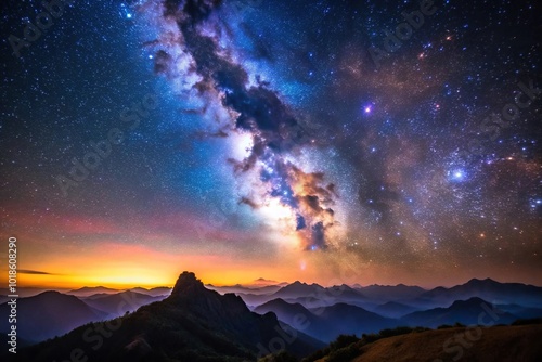 asymmetrical night sky with milky way over mountains