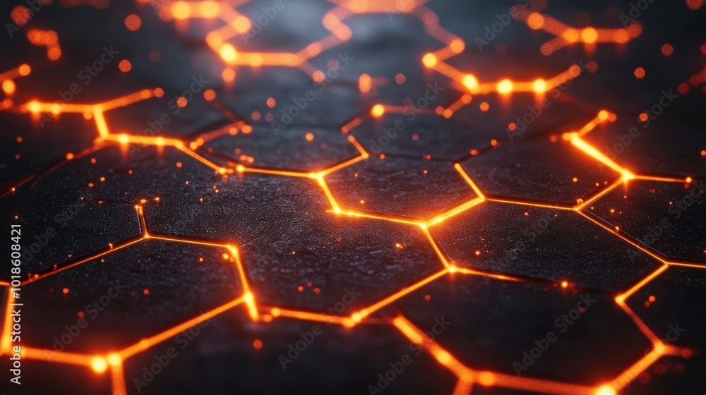 Fototapeta premium Abstract Hexagon Pattern with Glowing Orange Lines and Sparkles