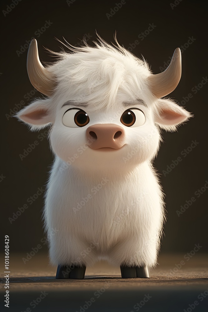 A cute white cartoon yak with large eyes and horns, standing on a brown surface. A cute white cartoon yak with large eyes and horns, standing on a brown surface.
