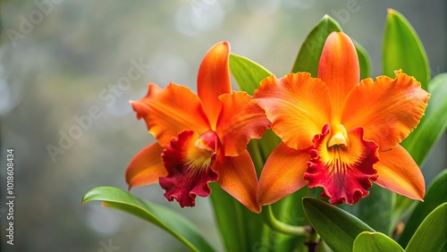 Asymmetrical Orange Cattleya Orchid Flower with Leathery Leaves