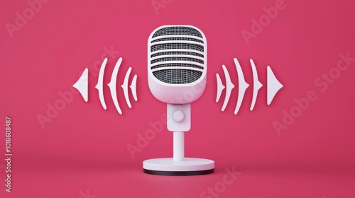 Vintage microphone with sound waves on pink background.