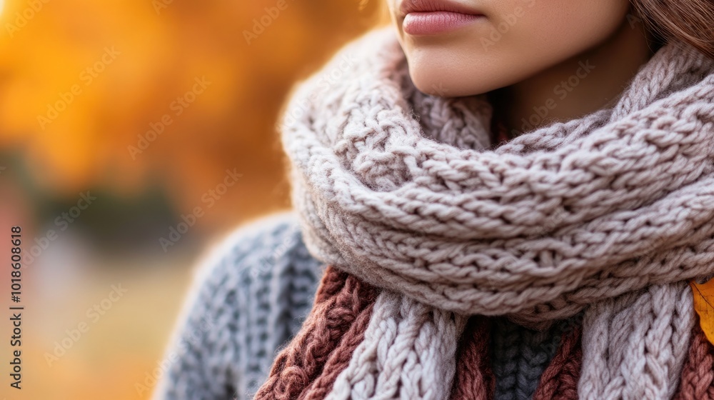 Sweater weather, person wrapped in a cozy knit scarf with autumn leaves in the background Sweater weather, person wrapped in a cozy knit scarf with autumn leaves in the background