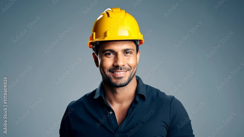 smiling man wearing a yellow hard hat, representing confidence and professionalism in construction smiling man wearing a yellow hard hat, representing confidence and professionalism in construction