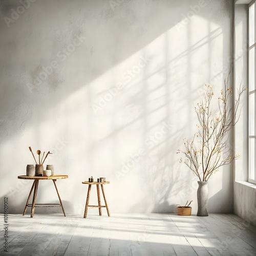 Bright and airy 3D studio scene featuring a bare floor and wall backdrop