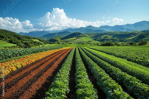 lush fields divided by a vibrant landscape showcasing regenerative agriculture techniques rich soil health and diverse crops under a bright blue sky